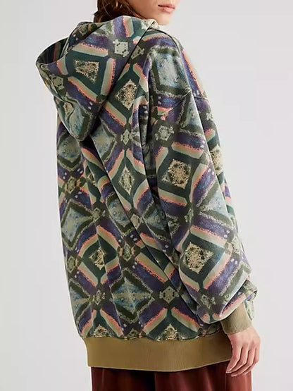 Long Sleeves Loose Pockets Printed V-Neck Hoodies Tops