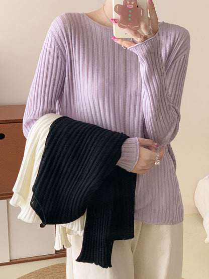 Long Sleeves Loose Solid Color Round-Neck Knitwear Sweater Tops