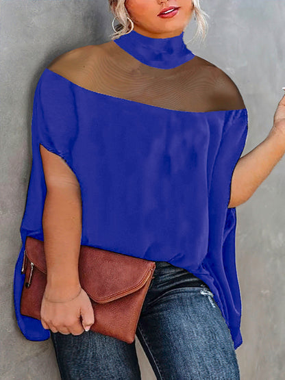 Batwing Sleeves Plus Size Cape See-Through Solid Color Split-Toe High-Neck Blouses&Shirts Tops