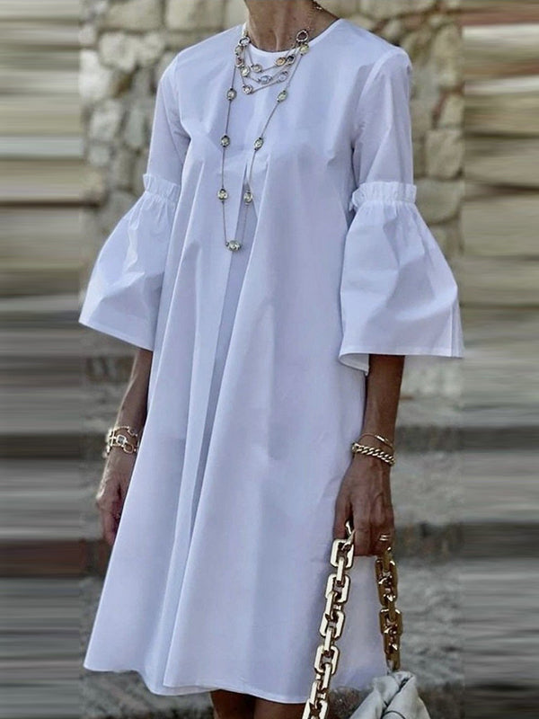 Flared Sleeves Half Sleeves Solid Color Round-Neck Mini Dresses