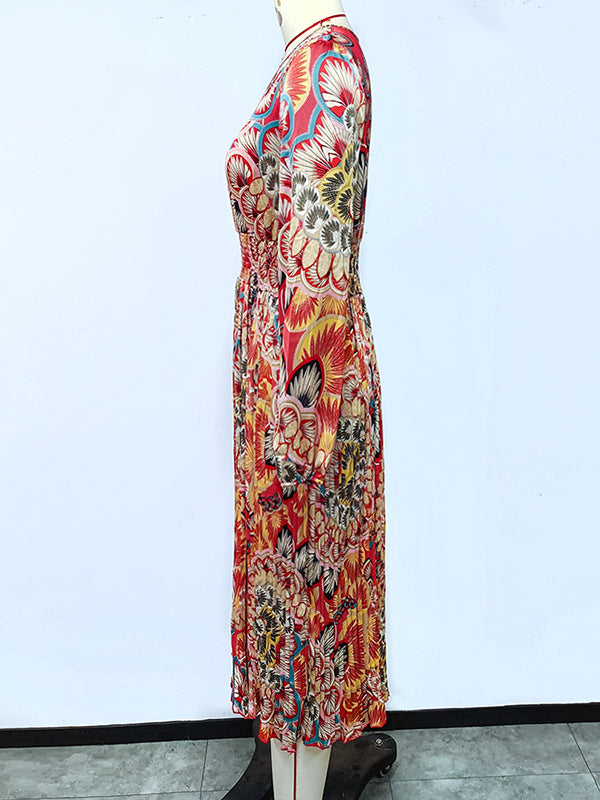 A-Line Bishop Sleeve Elasticity Flower Print Pleated V-Neck Midi Dresses