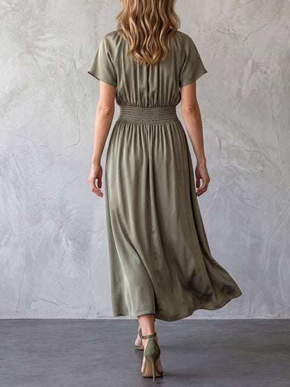 Batwing Sleeves High Waisted Elasticity Solid Color Round-Neck Maxi Dresses