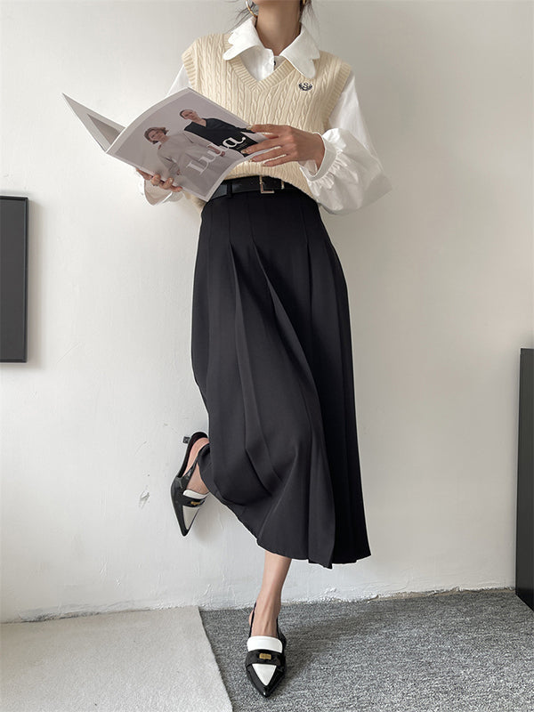 A-Line High Waisted Pleated Solid Color Split-Joint Skirts
