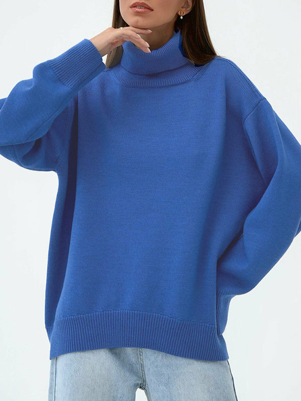 High-Low Long Sleeves Solid Color Split-Joint High Neck Sweater Tops