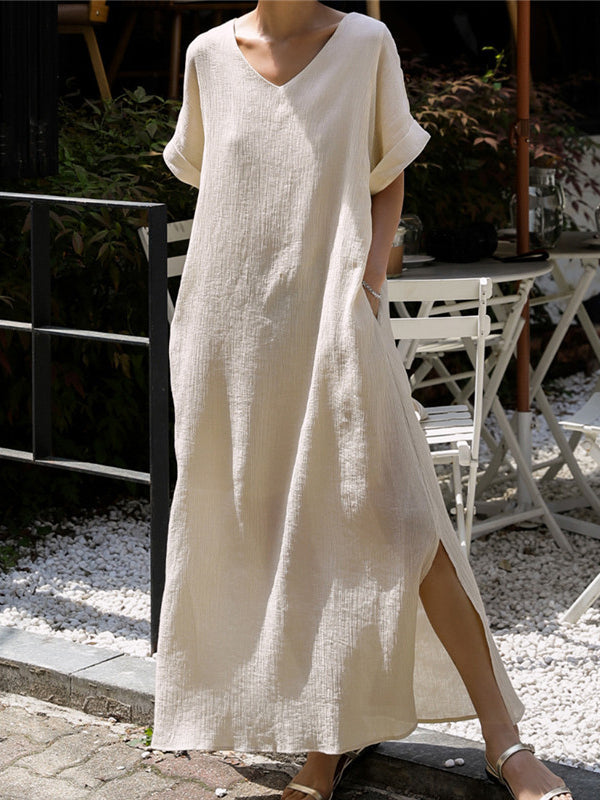 A-Line Loose Hollow Solid Color Split-Side Tied Waist V-Neck Midi Dresses