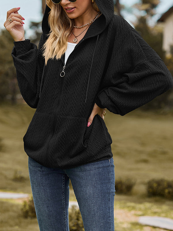 Long Sleeves Loose Drawstring Hooded Pockets Solid Color Zipper V-Neck Outerwear
