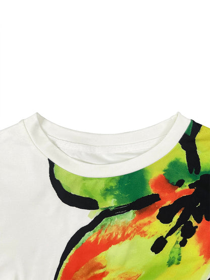 Short Sleeves Flower Print Round-Neck T-Shirts Tops