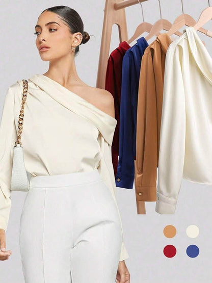 Long Sleeves Skinny Pleated Solid Color Split-Joint One-Shoulder Blouses&Shirts Tops