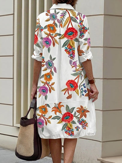 A-Line Half Sleeves Buttoned Contrast Color Flower Print Pockets Lapel Midi Dresses Shirt Dress