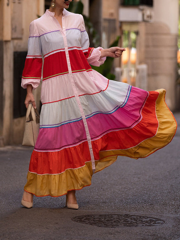 Puff Sleeves Contrast Color Split-Joint Round-Neck Maxi Dresses Shirt Dress