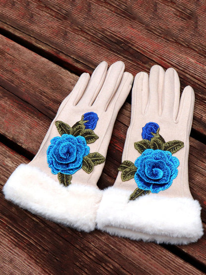 Women Artsy Winter Embroidery Fleece-lined Gloves
