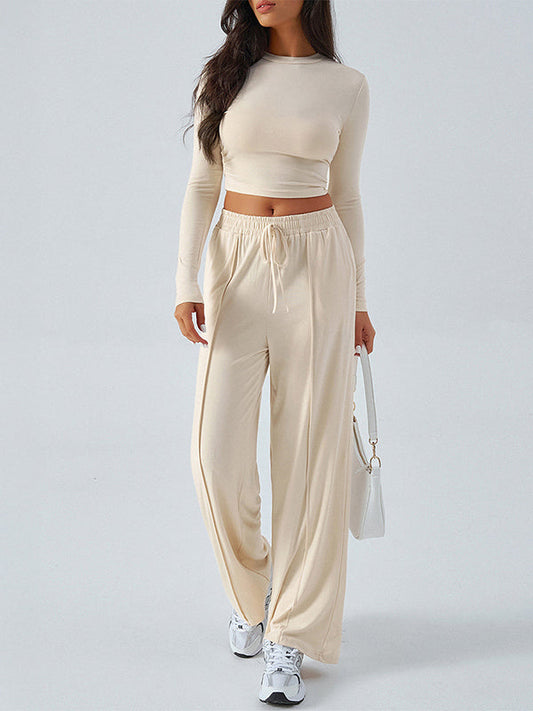 Long Sleeves Loose Solid Color Round-Neck T-Shirt Top + Drawstring Elasticity Pockets Pants Bottom Two Pieces Set