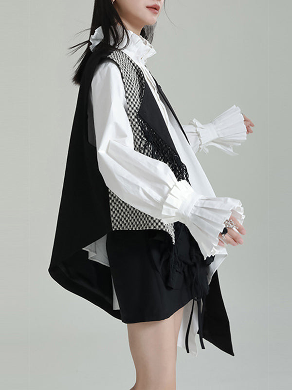 Ruffle Sleeves Sleeveless Asymmetric Buttoned Houndstooth Vest Outerwear