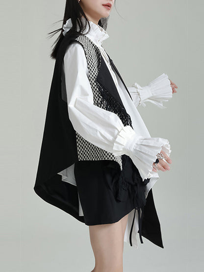 Ruffle Sleeves Sleeveless Asymmetric Buttoned Houndstooth Vest Outerwear