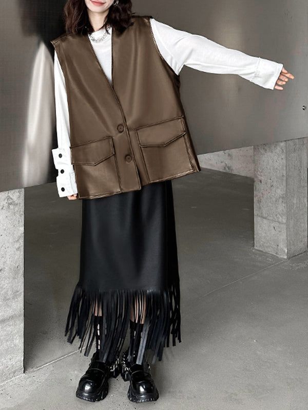 Loose Solid Color V-Neck Sleeveless Buttoned Pockets Vest Top + High Waisted Elasticity Tasseled Skirt Bottom Two Pieces Set