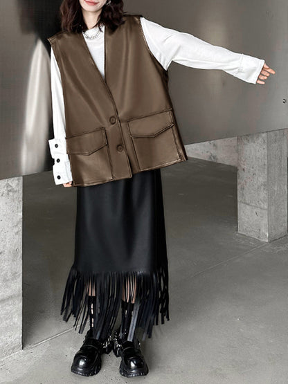 Loose Solid Color V-Neck Sleeveless Buttoned Pockets Vest Top + High Waisted Elasticity Tasseled Skirt Bottom Two Pieces Set