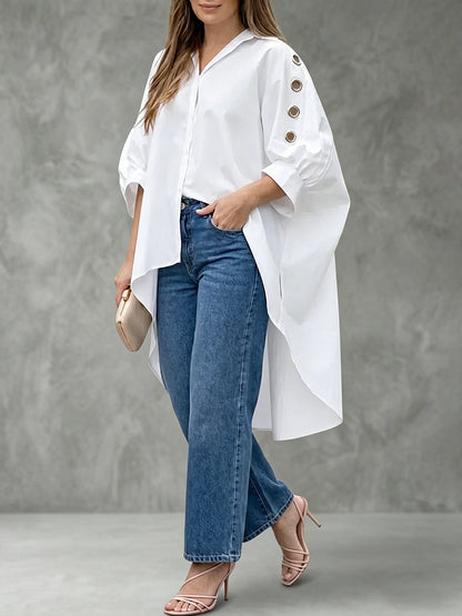 High-Low Loose Buttoned Hollow Pleated Solid Color Lapel Blouses&Shirts Tops