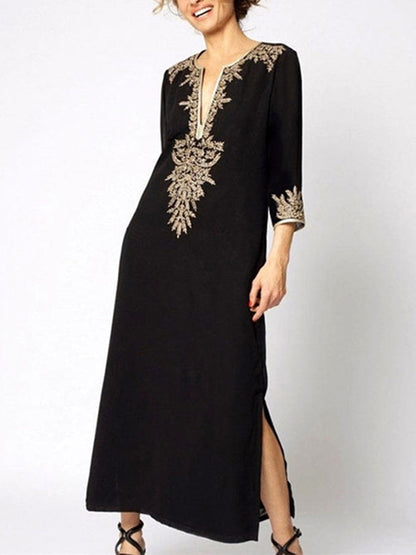 Loose Three-Quarter Sleeves Contrast Color Printed Split-Joint Split-Side V-Neck Maxi Dresses