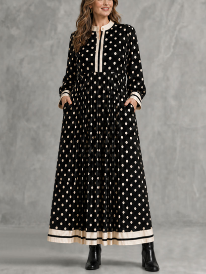 Zipper Split-Joint Polka-Dot Pockets Contrast Color Buttoned Loose Long Sleeves Round-neck Maxi Dresses