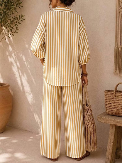 Loose Contrast Color Striped Long Sleeves Buttoned Lapel Blouses&shirts Tops + Drawstring Elasticity PocketsPants Trousers Two Pieces Set