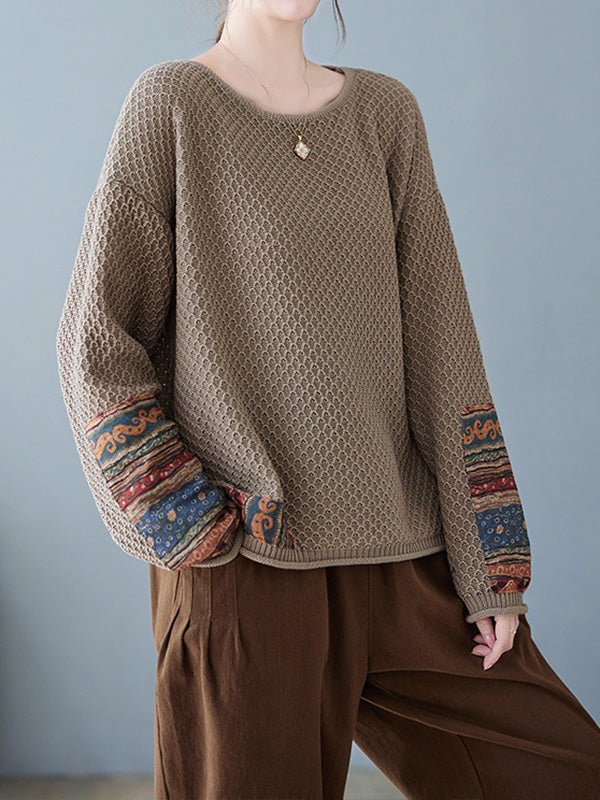 Long Sleeves Loose Printed Split-Joint Round-Neck Pullovers Sweater Tops