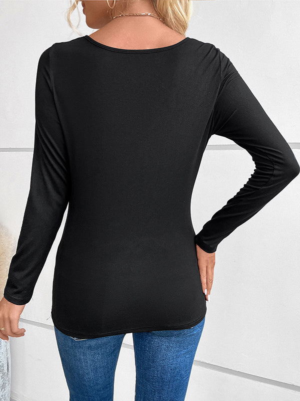 False Two Long Sleeves Rhine Stones Split-Joint Square-Neck T-Shirts Tops