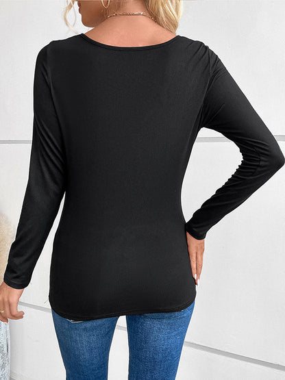 False Two Long Sleeves Rhine Stones Split-Joint Square-Neck T-Shirts Tops