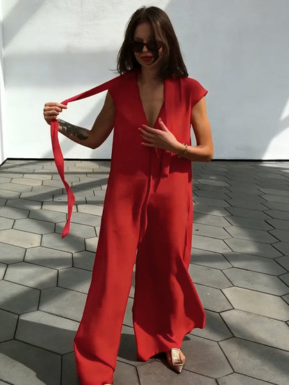 Loose Wide Leg Pockets Solid Color Streamer Deep V-Neck Jumpsuits