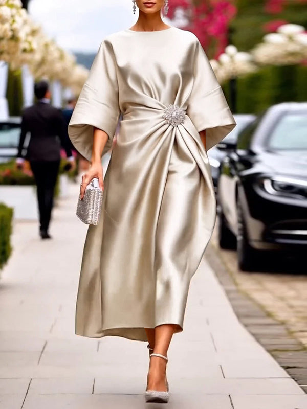 Loose Three-Quarter Sleeves Asymmetric Pleated Split-Joint Round-Neck Maxi Dresses