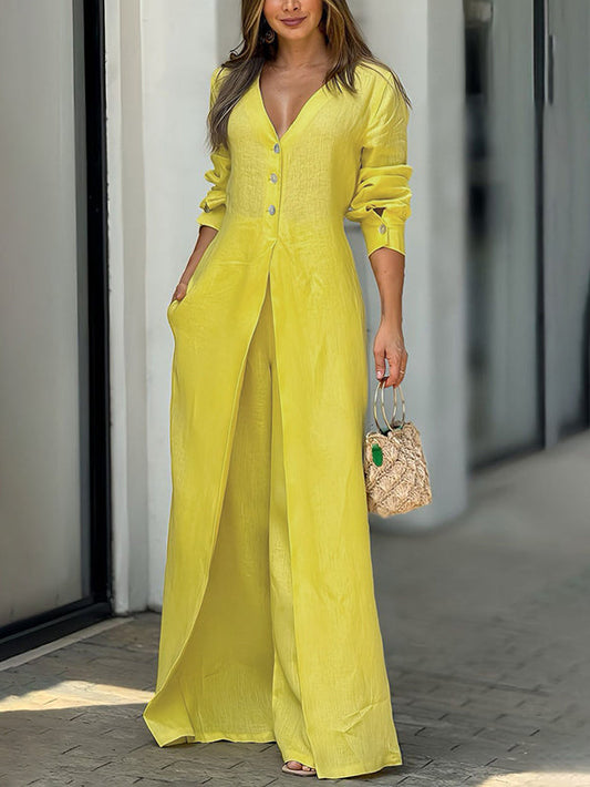 High Waisted Long Sleeves Buttoned Pockets Solid Color V-Neck Jumpsuits