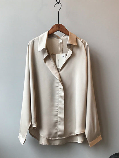 Satin V-Neck Loose Solid Color High-Low Long Sleeve Shirts