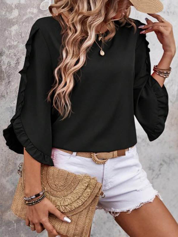 Loose Three-Quarter Sleeves Pleated Ruffled Solid Color Split-Joint Round-Neck Blouses&Shirts Tops