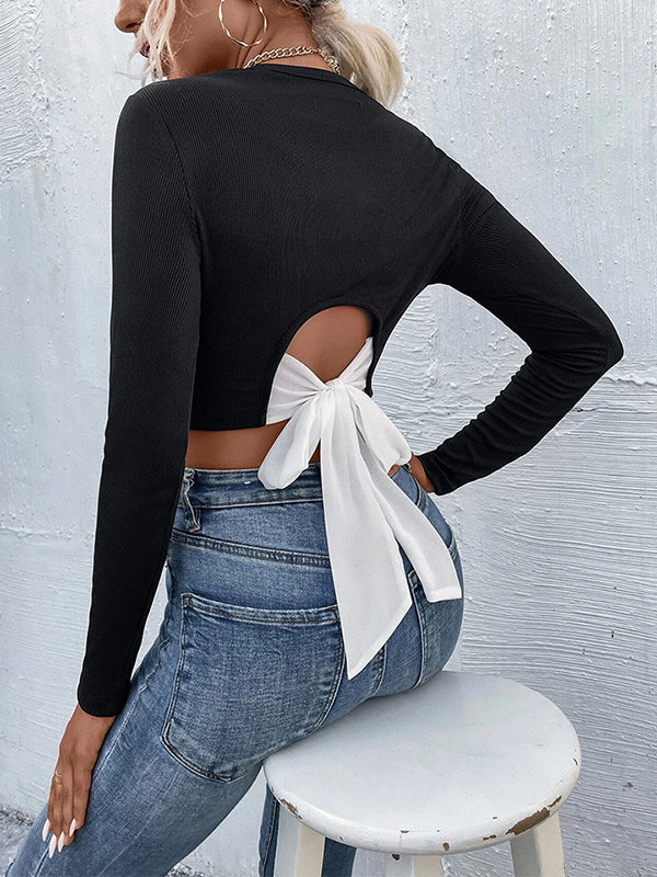 Long Sleeves Skinny Bowknot Round-Neck T-Shirts Tops