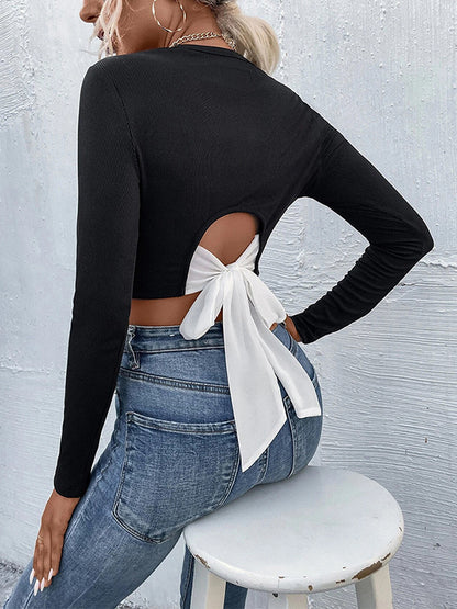 Long Sleeves Skinny Bowknot Round-Neck T-Shirts Tops