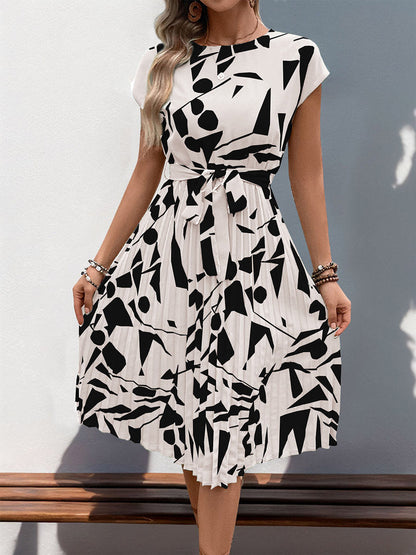 High Waisted Sleeveless Abstract Printed Contrast Color Pleated Polka-Dot Split-Joint Tied Waist Round-Neck Midi Dresses
