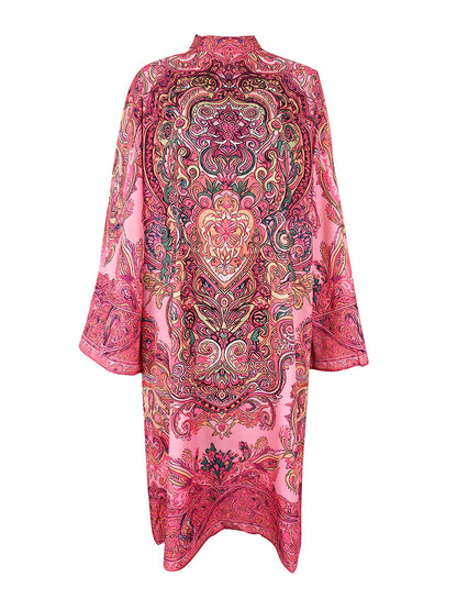 Long Sleeves Loose Contrast Color Printed Mock Neck Midi Dresses