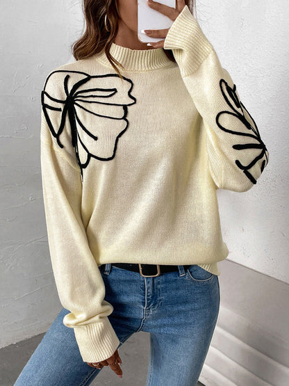 Long Sleeves Loose Flower Shape Split-Joint High Neck Sweater Tops