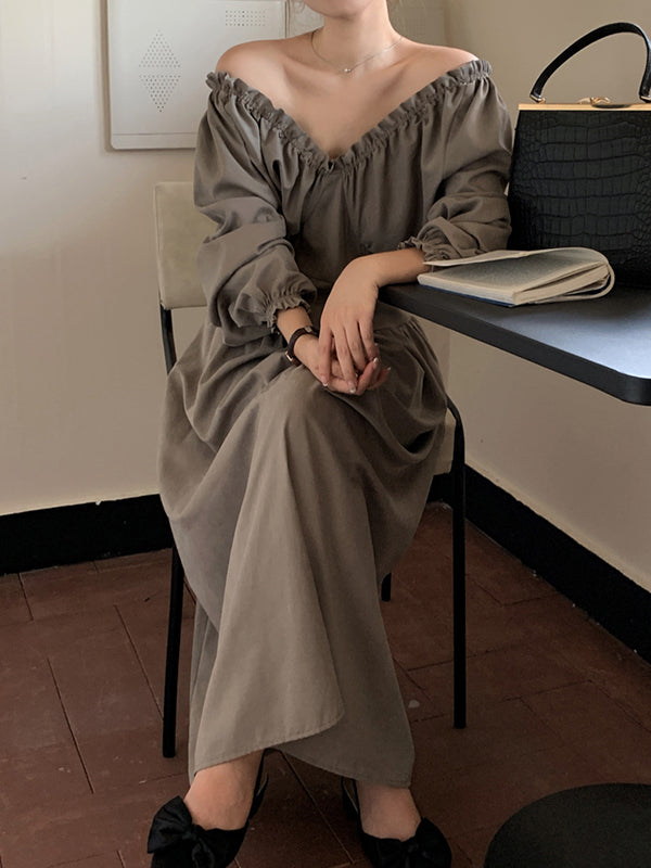 Bishop Sleeve Long Sleeves Elasticity Pleated Ruffled Solid Color Split-Joint Deep V-Neck Midi Dresses