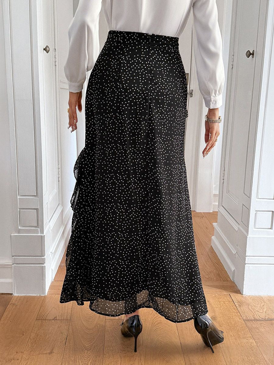 A-Line High Waisted Contrast Color Layered Polka-Dot Ruffled Split-Joint Skirts Bottoms