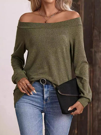 Long Sleeves Loose Solid Color Split-Joint Off-The-Shoulder T-Shirts Tops