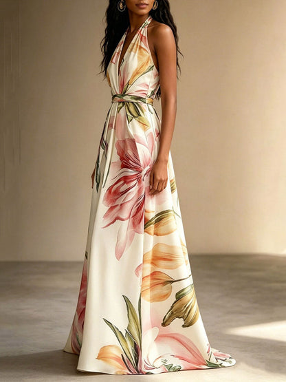 Flower Print Drawstring Contrast Color Backless Sleeveless Loose V-neck Midi Dresses