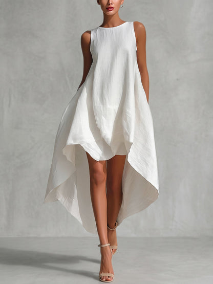 A-Line High-Low Solid Color Zipper Round-Neck Maxi Dresses
