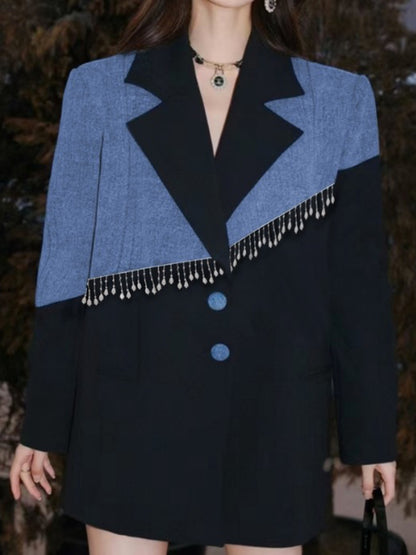 Long Sleeves Loose Buttoned Contrast Color Split-Joint Deep V-Neck Blazer Outerwear