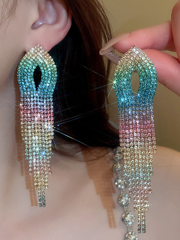 Gradient Hollow Rhine Stones Tasseled Drop Earrings