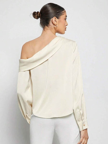 Long Sleeves Skinny Pleated Solid Color Split-Joint One-Shoulder Blouses&Shirts Tops