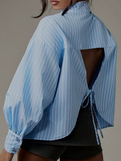 Long Sleeves Puff Sleeves Buttoned Contrast Color Hollow Striped Tied Waist Lapel Blouses&Shirts Tops