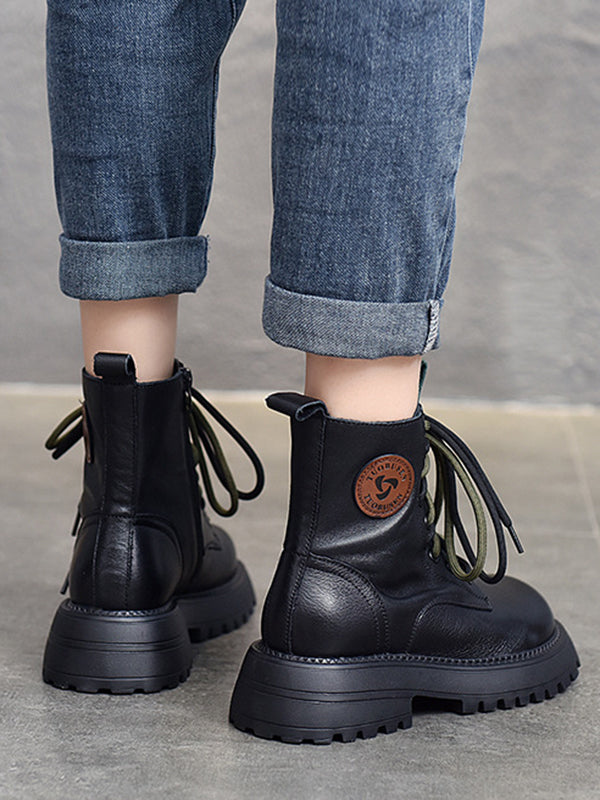Muffin Heel Round-Toe Tied Zipper Boots