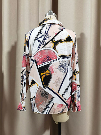 Long Sleeves Loose Buttoned Printed Split-Joint Lapel Blouses&Shirts Tops