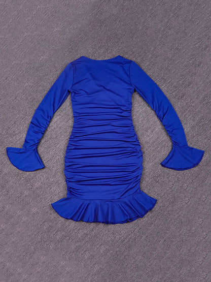 Bodycon Elasticated Waist Pleated Ruffled Solid Color Split-Joint V-Neck Midi Dresses