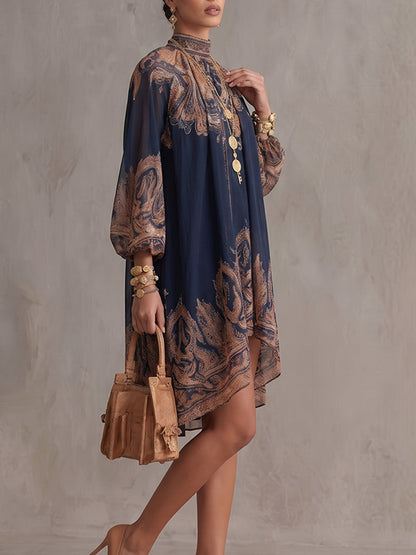 High-Low Long Sleeves Pleated Printed Mock Neck Mini Dresses